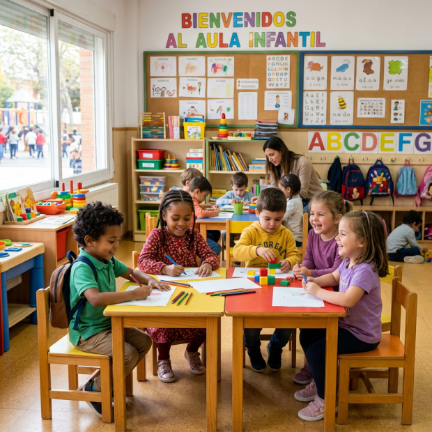 Children drawing and playing at tables in a colorful kindergarten classroom
