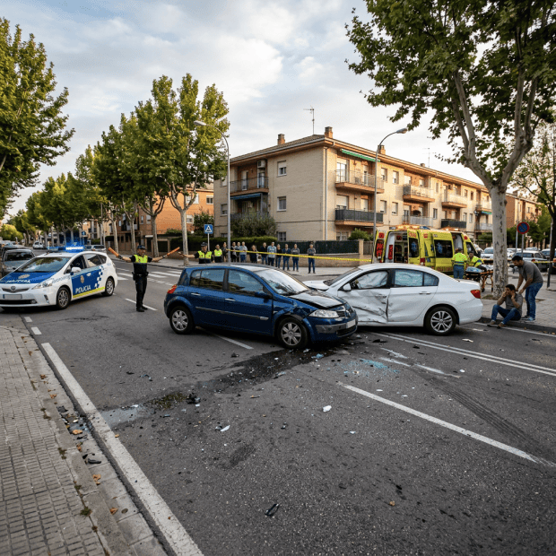 Police and ambulance at a collision involving two damaged cars