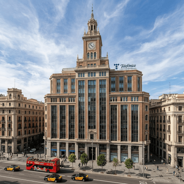 Telefónica headquarters with clock tower, red sightseeing bus, and taxis