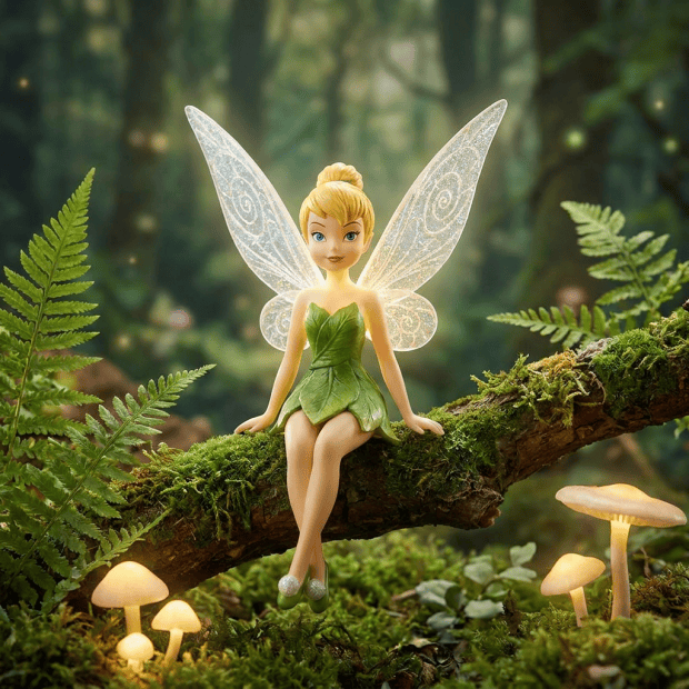 Fairy with translucent wings sitting on a moss-covered branch in a forest