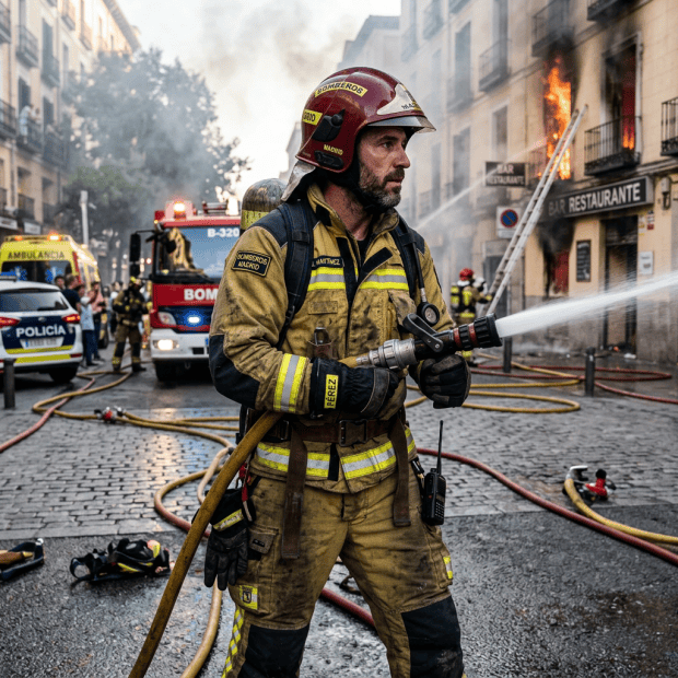 Madrid firefighter spraying water at a burning building on a city street