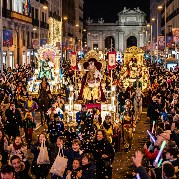 Three Kings parade with ornate floats, horses, costumed participants, and cheering crowds