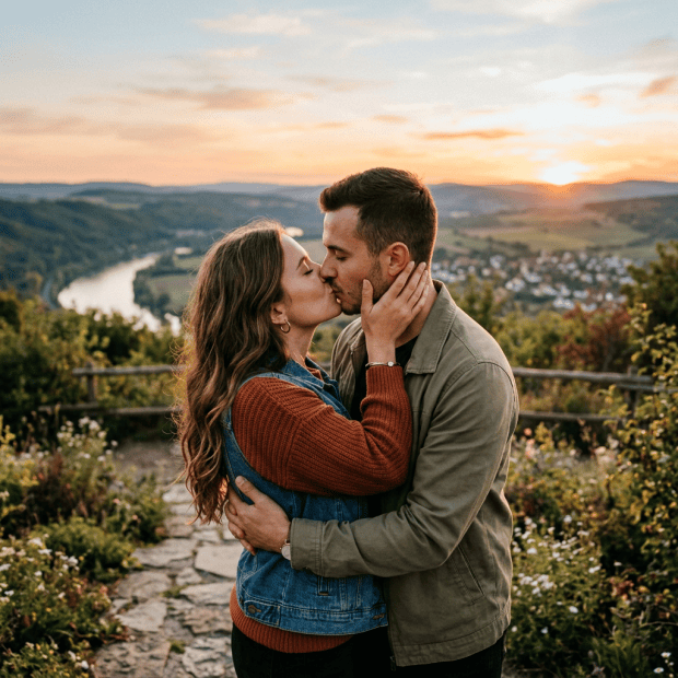 Couple kissing at sunset overlooking a river valley and town