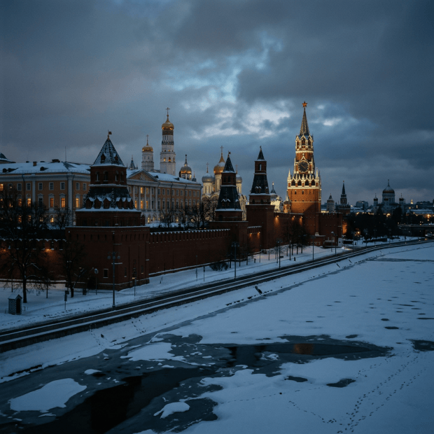 Snow-covered Moscow Kremlin with Spasskaya Tower beside the frozen Moskva River