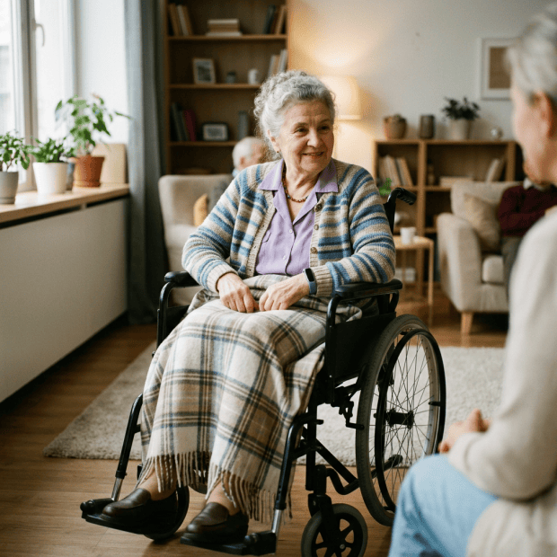 Older woman in wheelchair talking with another person in a living room