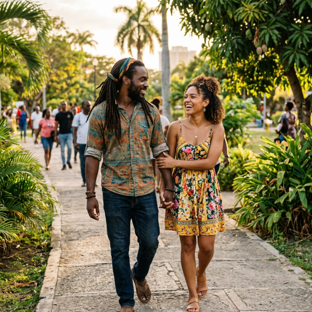 Smiling couple walking hand in hand through a tropical garden
