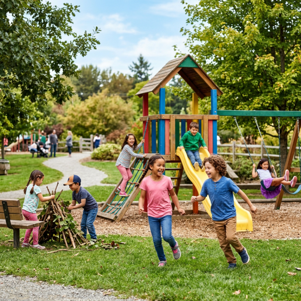 Children playing on slides, swings, and playground equipment in a park