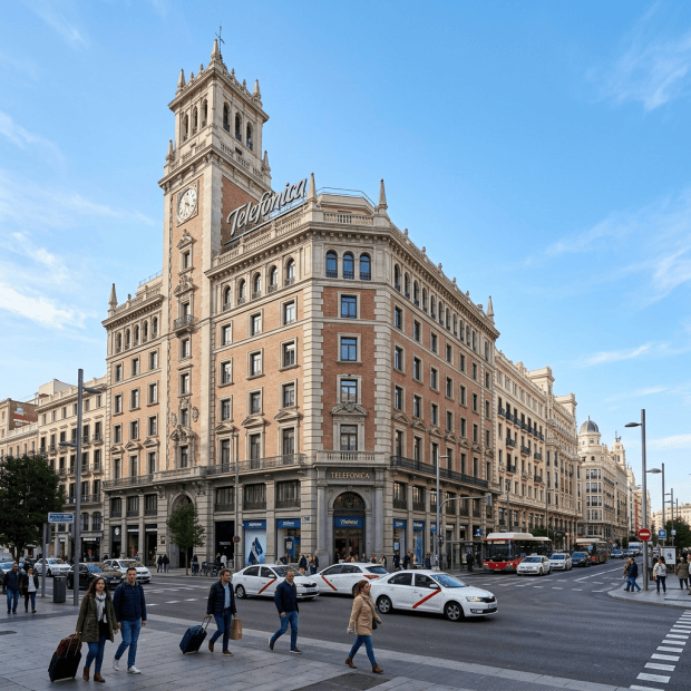 Historic Telefónica building and busy Gran Vía street in Madrid