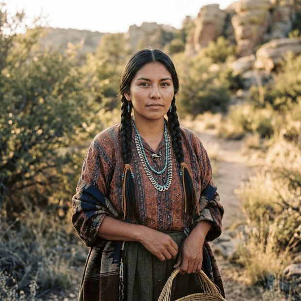 Woman in traditional clothing standing on a desert trail with rocky formations