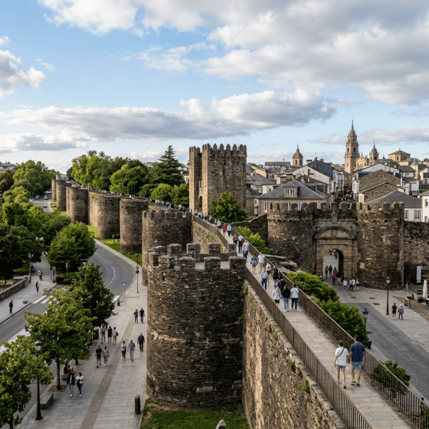 Visitors walking Lugo’s Roman walls overlooking the historic city and cathedral