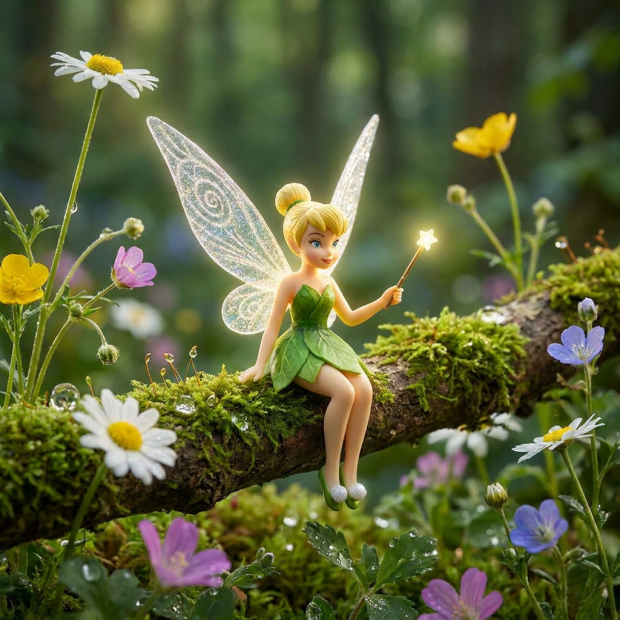 Winged fairy holding a glowing wand while sitting on a moss-covered branch