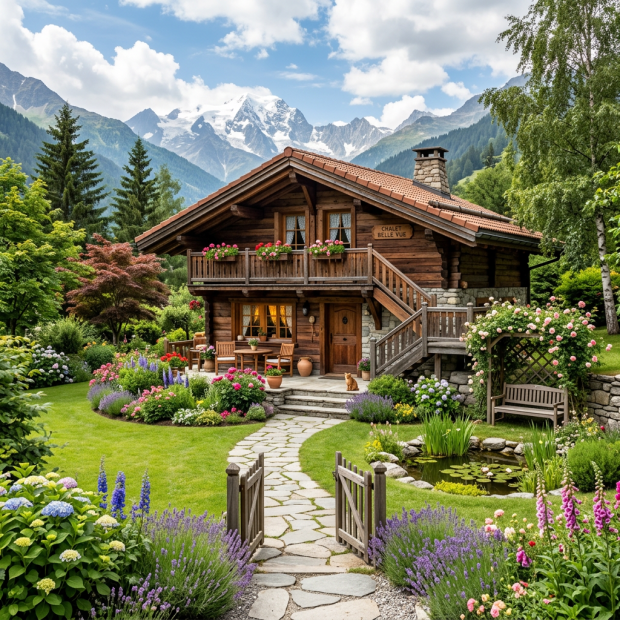 Wooden alpine chalet surrounded by flower gardens beneath snow-capped mountains